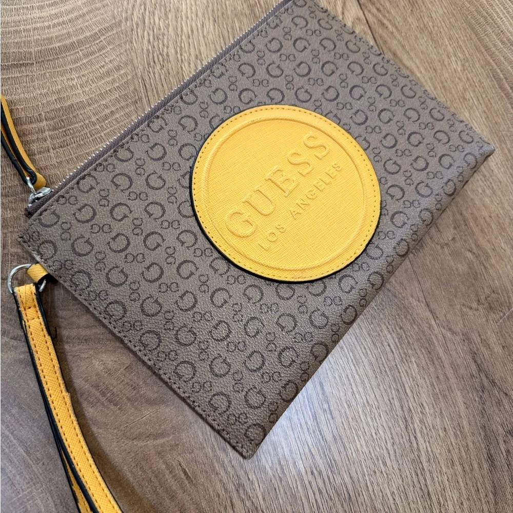 Guess Tan and Yellow Logo Large Wristlet - Picture 2 of 9